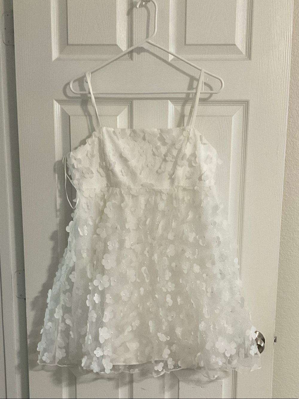 White Floral Sequin Girls Party Dress with Spaghetti Straps